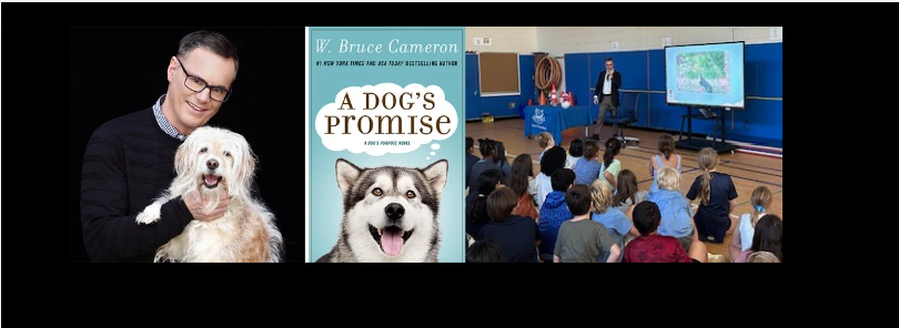 Author Bruce Cameron talking to a gym full of students.