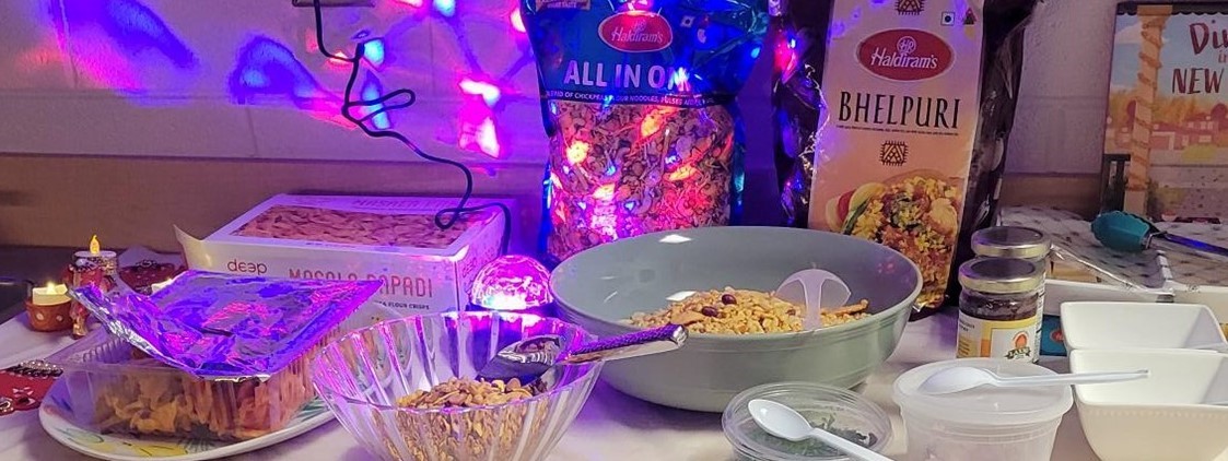 traditional Indian snacks on a counter for Diwali