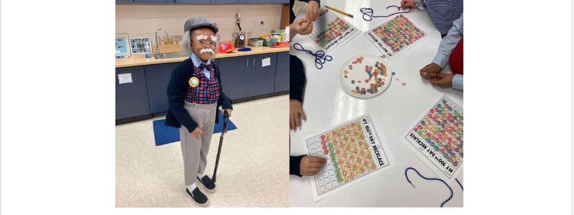 100th day of school.  Boy dressed as old man and fruit loop activity