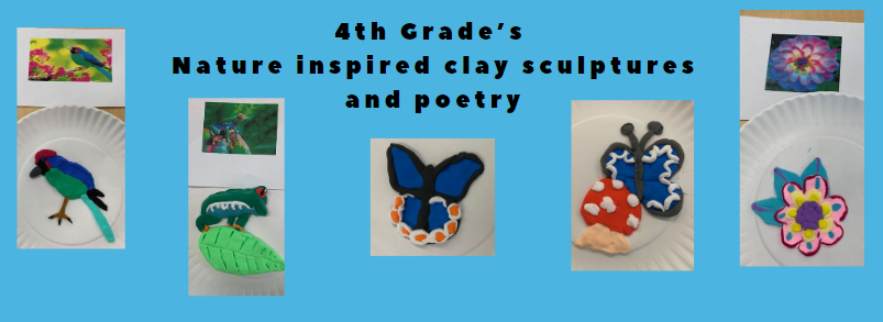 4th grade nature inspired clay sculptures.  A bird, frog, 2 butterflies, and a flower.