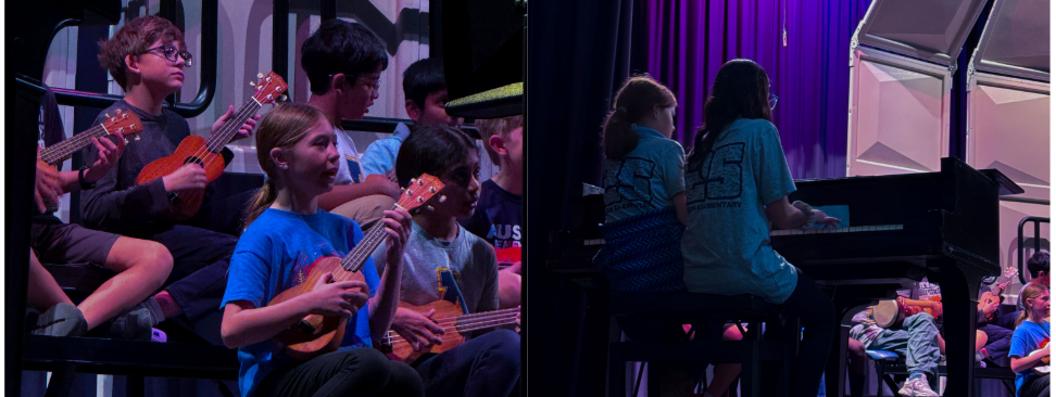 group of kids playing ukulele and 2 girls playing the piano